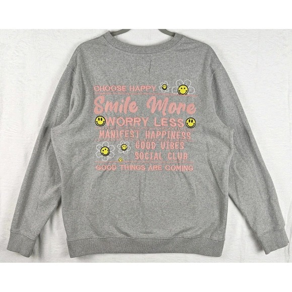 Recycled Threads Sweaters - Recycled Threads Gray L Crewneck Fleece Pullover Sweatshirt Smiley Graphic